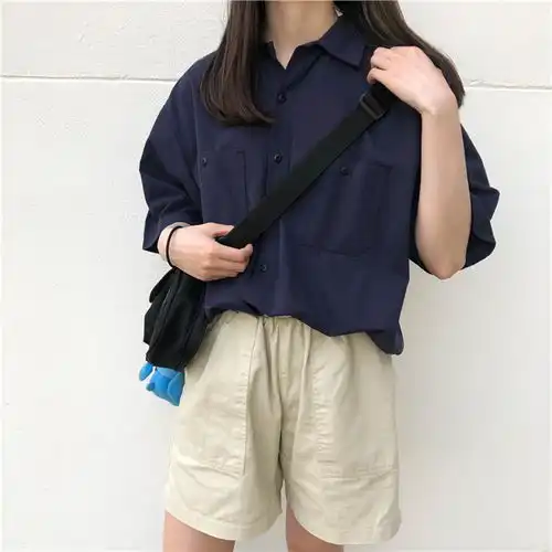 ins衬衫女学生韩版宽松复古港味短袖原宿风百搭防晒衣外套情侣潮