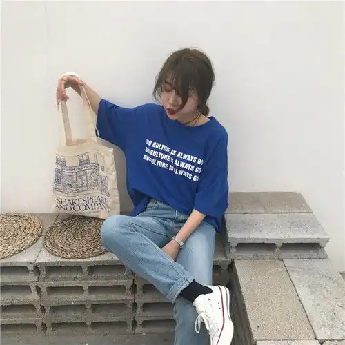ins超火的上衣韩版夏季印花短袖t恤女学生原宿风bf宽松百搭体恤潮