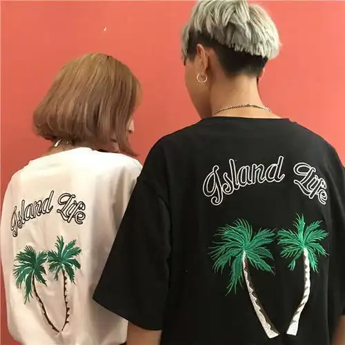 情侣装夏季一男一女短袖t恤女学生韩版宽松2019款闺蜜装刺绣上衣
