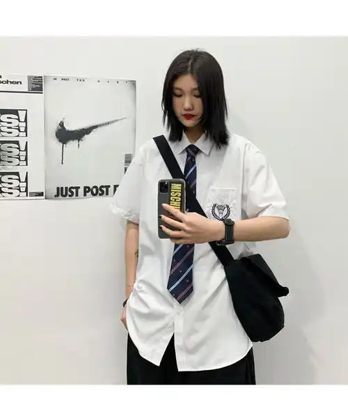 汤河之家2020夏季新品校服学院风精致刺绣情侣白色短袖衬衫送领带a
