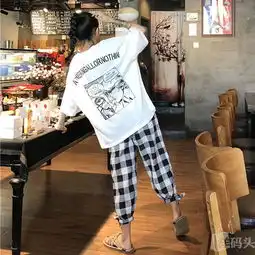 韩国夏季中长款宽松卡通原宿风短袖t恤显瘦上衣格子休闲裤